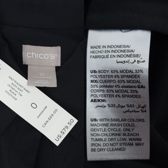 Chicos Half Placket Shirt Fashion Top Womens Size 0 US 4 Black Silky Soft NEW - Picture 11 of 12